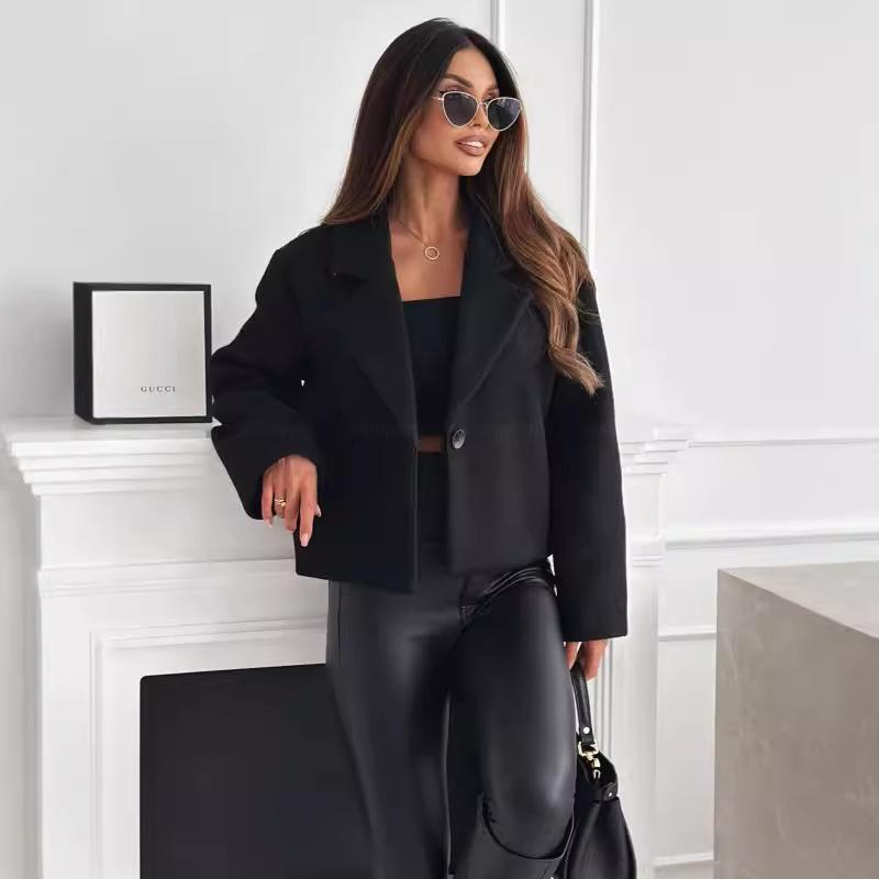 2024 Podzim Zima Dámská Móda Jednobarevný Vlněný Kabát s Límcem