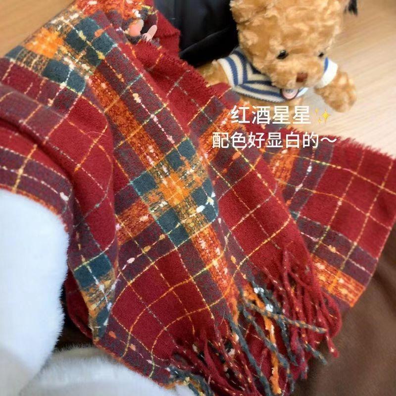 Scarf women's winter new plaid Christmas red student versatile warm thickened scarf shawl advanced sense