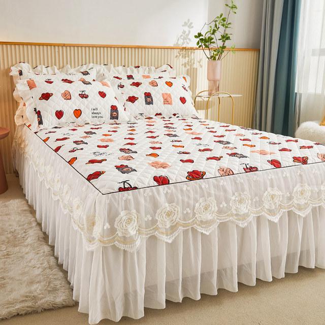 Korea Lace Bedspread King Size 200x220 Cotton Print Dust Ruffles Bed Cover Double Quilted Fitted Sheet with 2 Pillow Shams
