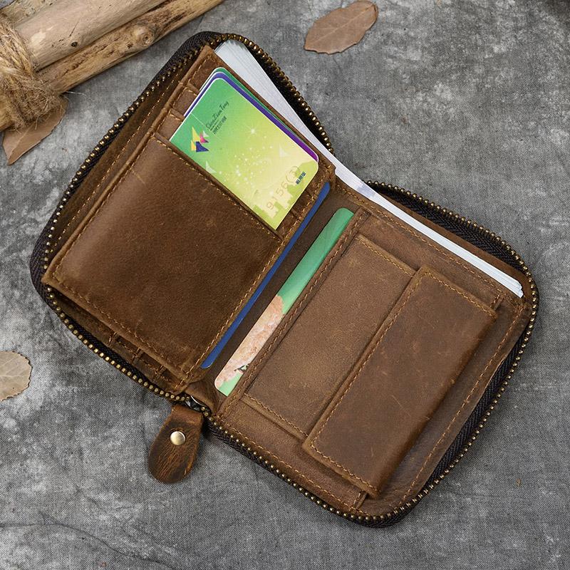 2026 New Short Wallet Men Women Vintage Fashion Card Holder Zipper Coin Purse Crazy Horse Leather Mens Slim Zipper Purse Wallet
