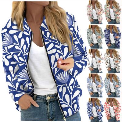Moda feminina casual manga comprida floral/folha estampado em torno do pescoço jaqueta com zíper
