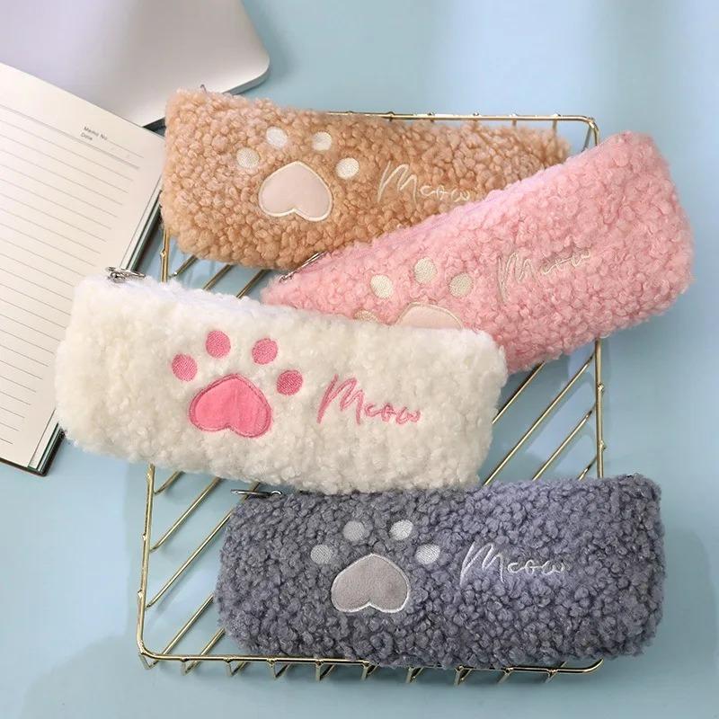 1PCS Hairy Cute Kawaii Cat Paw Plush Pencil Bag Case Girl Supplies Simple Student Stationery Pen Case Storage Bag Gifts for Kids