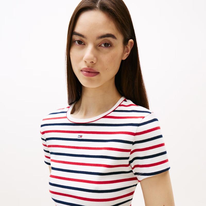 TOMMY JEANS Women's A/W 2025 Striped Ribbed Slim-Fit Short Sleeve T-Shirt