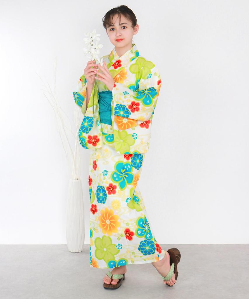 Yukata One Change 3 Piece Set Heiko Junior Girls [KYOETSU] Set, Yukata, Piece, Girls, Unbleached, Weave, (Yukata, Obi, Geta), (6.Kyoume Play, 140cm)