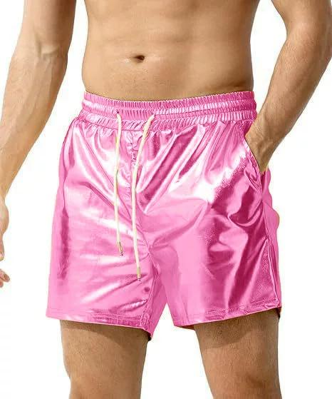 Sommerliche Europäische und Amerikanische Herren Glänzende Leder Shorts, Einfarbig, Leicht, Sexy PU Leder Strand Lässige Hose L rose rot