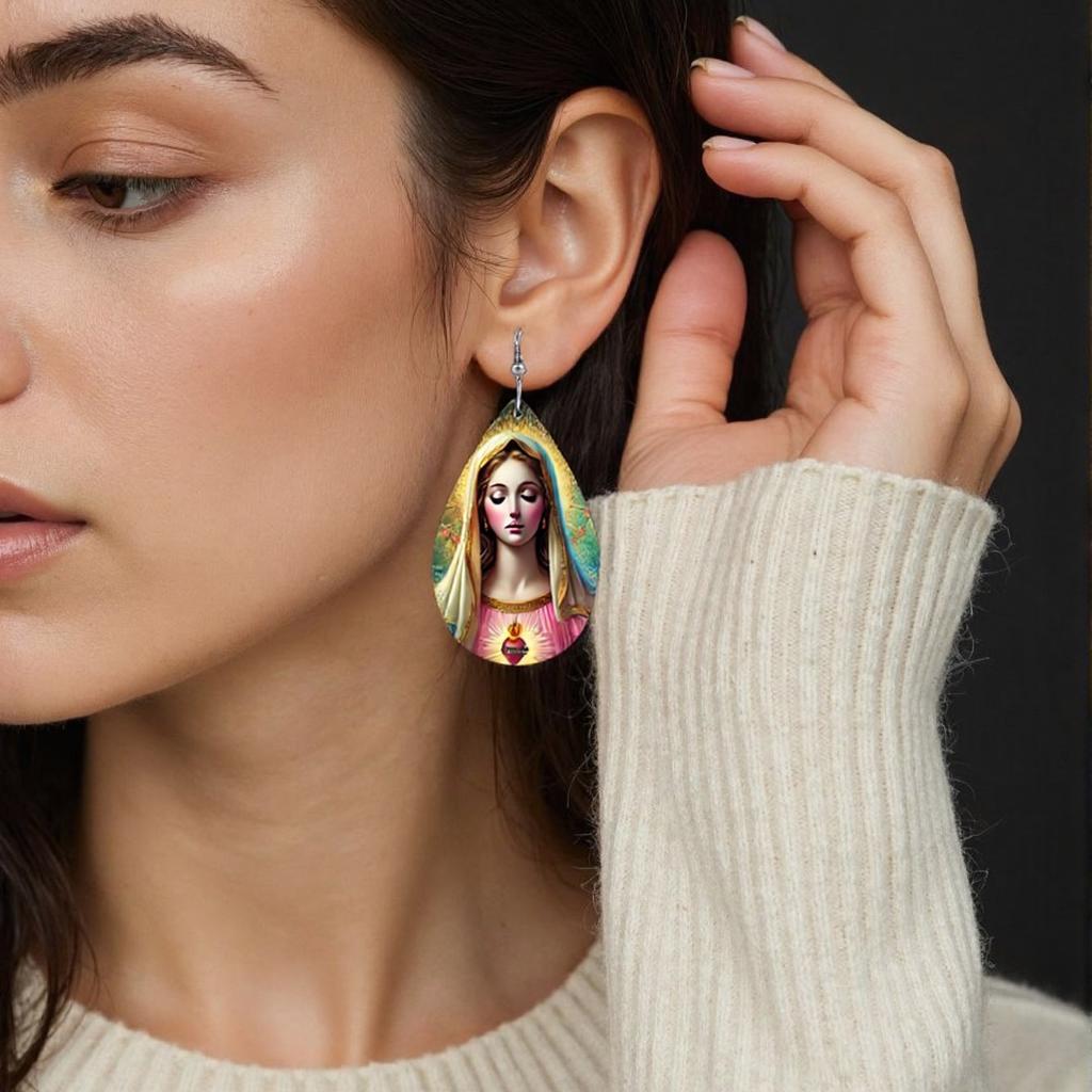 Elegant Our Lady with Angel PU Drop Dangle Earrings, Inspiration Jesus Theme Double Sided Hoop Earring,