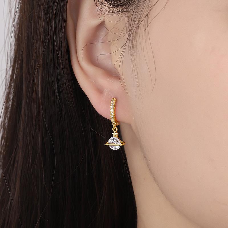 ANENJERY Zircon Star Planet Hoop Earrings Female Light Luxury Handmade Golden Earrings