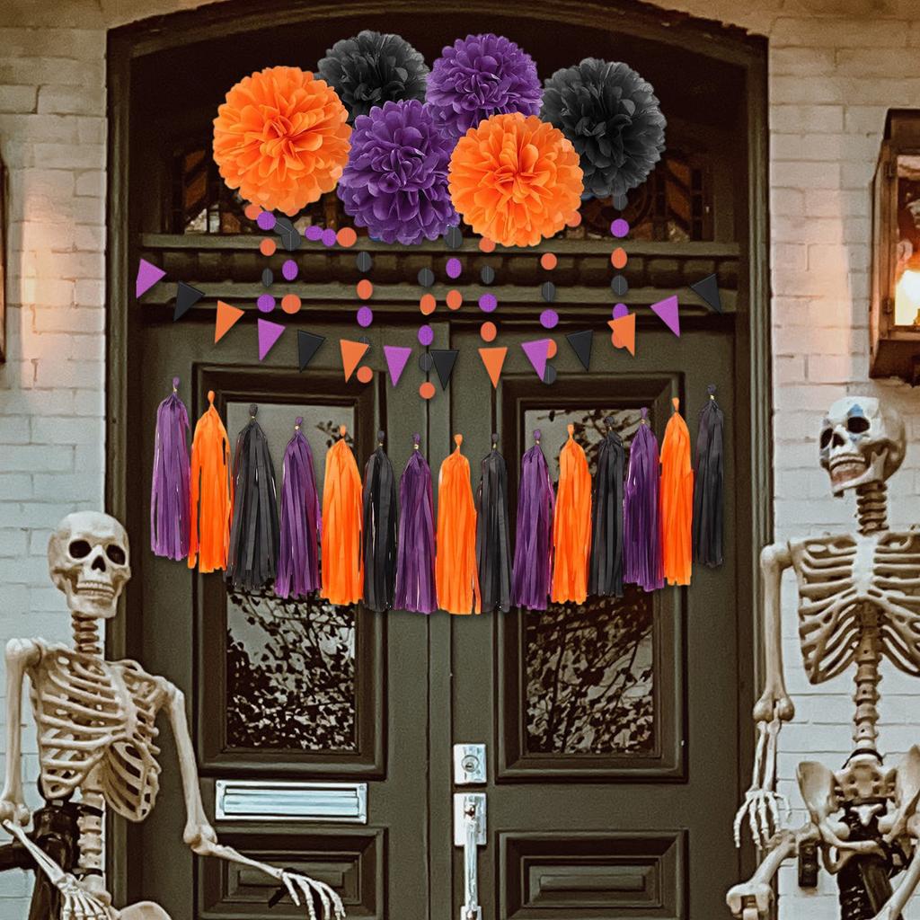Halloween Tissue Paper Pompoms Set with Tassels Assorted Sizes Decorations for Indoor and Outdoor Use Party Supplies