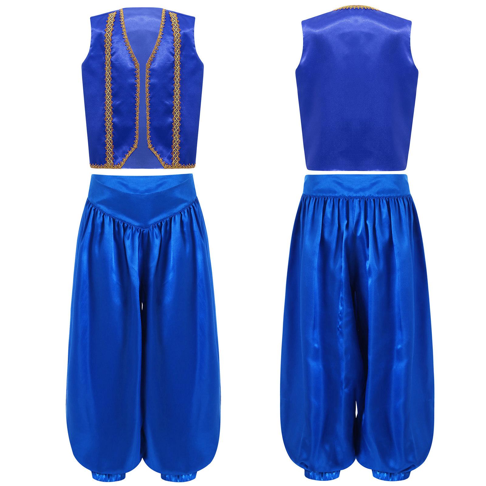 

Kids Fairytale Cosplay Costume Gold Trim Vest Wide Leg Bloomers Pants Set for Belly Dance Dress Up Parties 5-6 Years королівський синій колір