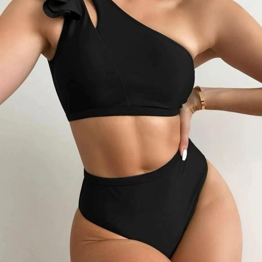 2025 Solid Color Sexy Two-piece High-waisted Single-shoulder Fringed Women's Bikini, Multi-color Available Swimwear