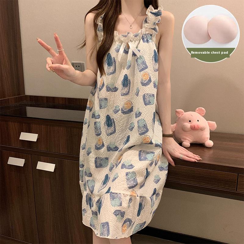 Summer Ladies Nightgown Halter Nightgown Women Summer Vest Nightgown with Bra Pads Worn Outside Home Wear
