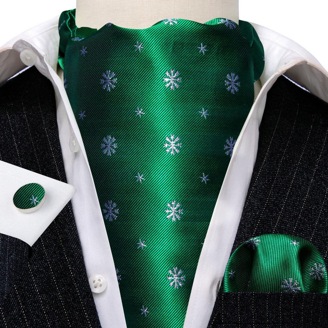 Рождественский галстук-галстук для мужчин, атласный узор снежинки, галстук Ascot, нагрудный платок, набор запонок, рождественский подарок AS-0096 зелёный