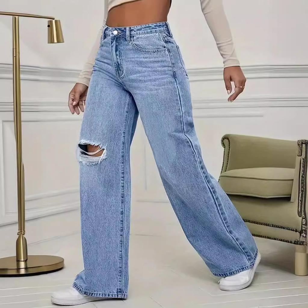 Women's High Waist Straight Leg Jeans Pants Streetwear Ripped Loose Fit Denim
