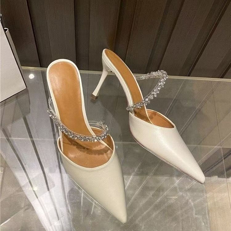 French high-end rhinestone bag head half slippers women's summer 2025 new outer wear one-word with pointed high heels