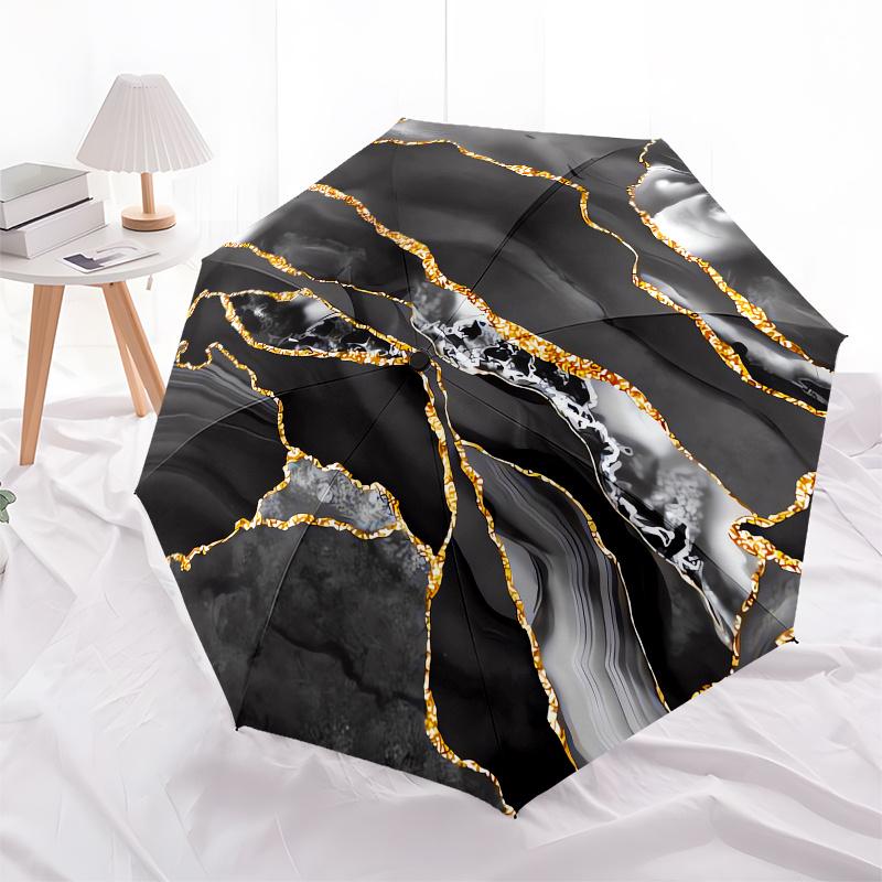 Marble Texture Automatic Folding Umbrella  8 Ribs, Durable Iron Frame, Bright Color Pattern Compact Travel Umbrella, Suitable for Outdoor, B