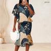 Women Plus Size Off White Blue Beige Printed Round Neck Batwing Sleeve Ruffle Hem Top Fishtail Skirt Two Piece Set
