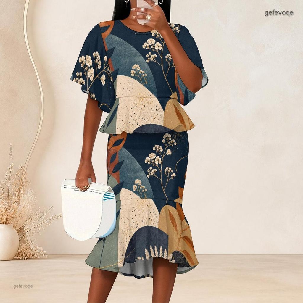 Women Plus Size Off White Blue Beige Printed Round Neck Batwing Sleeve Ruffle Hem Top Fishtail Skirt Two Piece Set