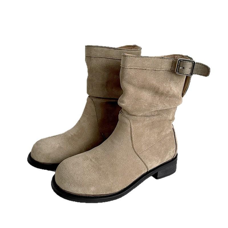 Retro suede pleated piled boots women's 2025 autumn new thick-soled thick-heeled thin western cowboy medium boots