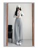 Women's White-Gray High-Waisted Wide-Leg Sweatpants - Petite, Slimming, Casual Athletic Wear for Autumn 2024