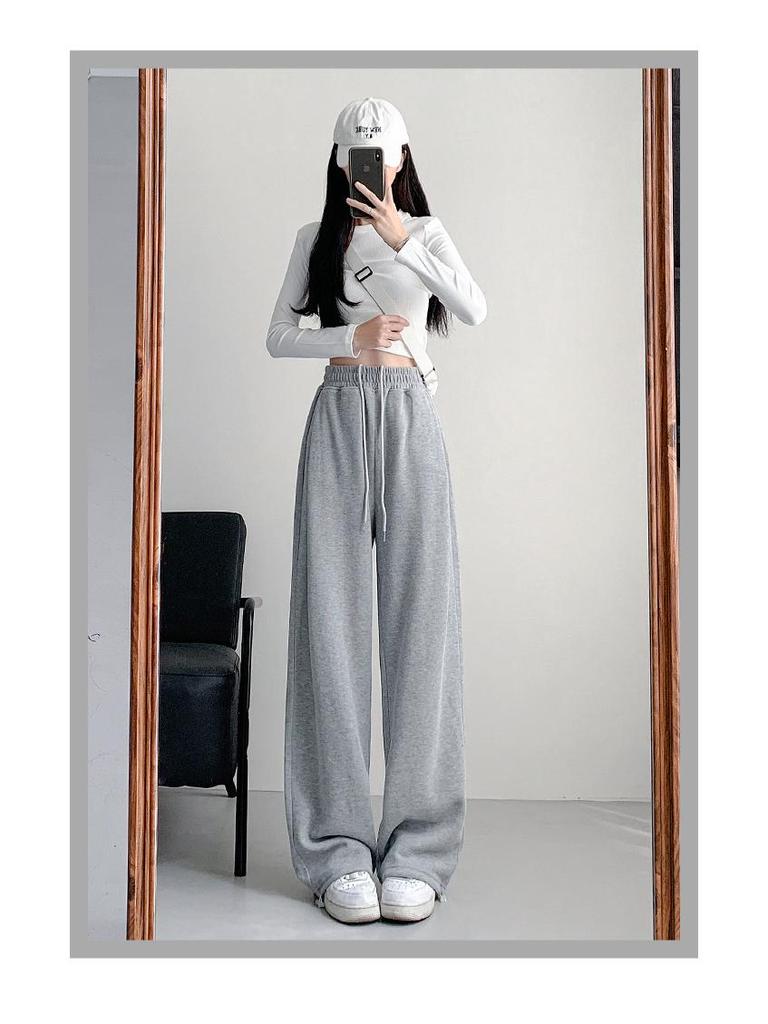 Women's White-Gray High-Waisted Wide-Leg Sweatpants - Petite, Slimming, Casual Athletic Wear for Autumn 2024