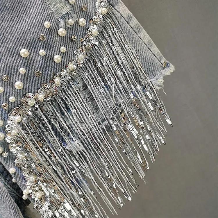 Dameshorts med høy midje, denim-shorts, paljett, frynser, rippede jeans