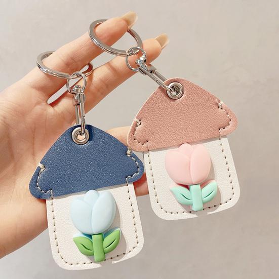 2Pcs Elegant Tulip Key Holder Faux Leather House Shape Keychain
