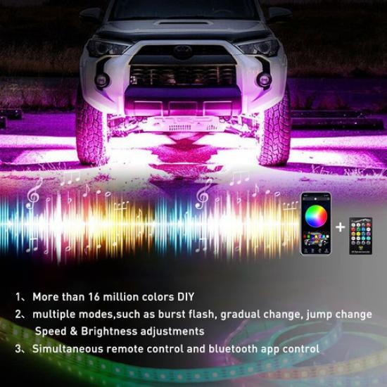 4X Car Under RGB LED Tube Strips Glow Body Under Neon Light Set Phone Control