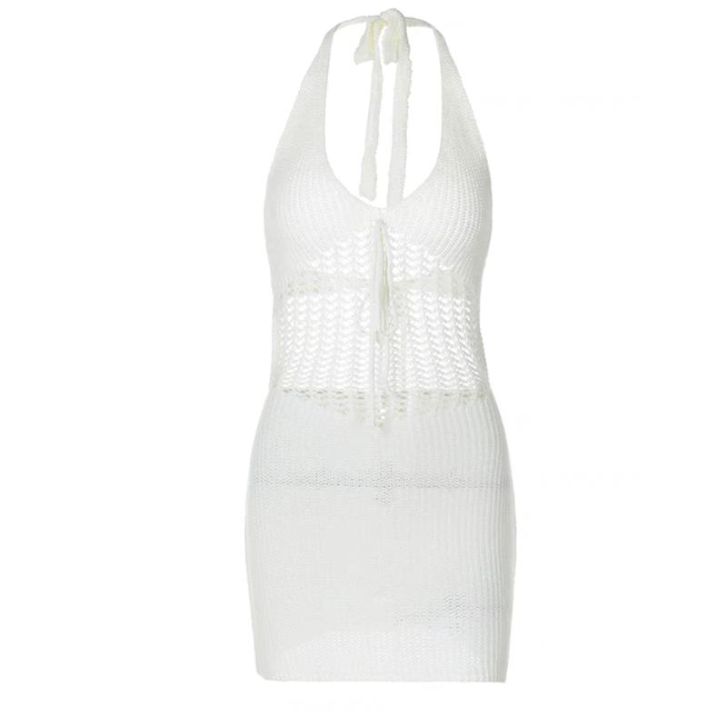 summer beach mini dress Lady sexy deep V back Hollow Out Pullover Women's Knitted Sweaters See Through casual slim sling dresses