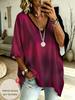 Fashionable Women's Summer V-neck Raglan Sleeve T-shirt Purple and Pink Gradient Printed Loose Top for Daily Commuting Wear