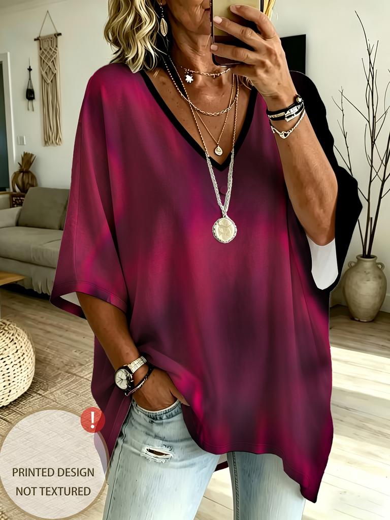 Fashionable Women's Summer V-neck Raglan Sleeve T-shirt Purple and Pink Gradient Printed Loose Top for Daily Commuting Wear