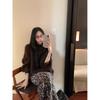 Kumikumi New Arrival Brown Pullover Long Sleeves Sweaters Women's Clothing Autumn Slimming Leopard Print Skirt Long Dress Two-piece Set