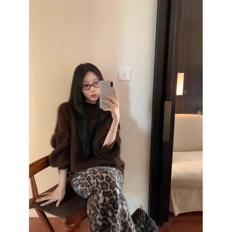 Kumikumi New Arrival Brown Pullover Long Sleeves Sweaters Women's Clothing Autumn Slimming Leopard Print Skirt Long Dress Two-piece Set