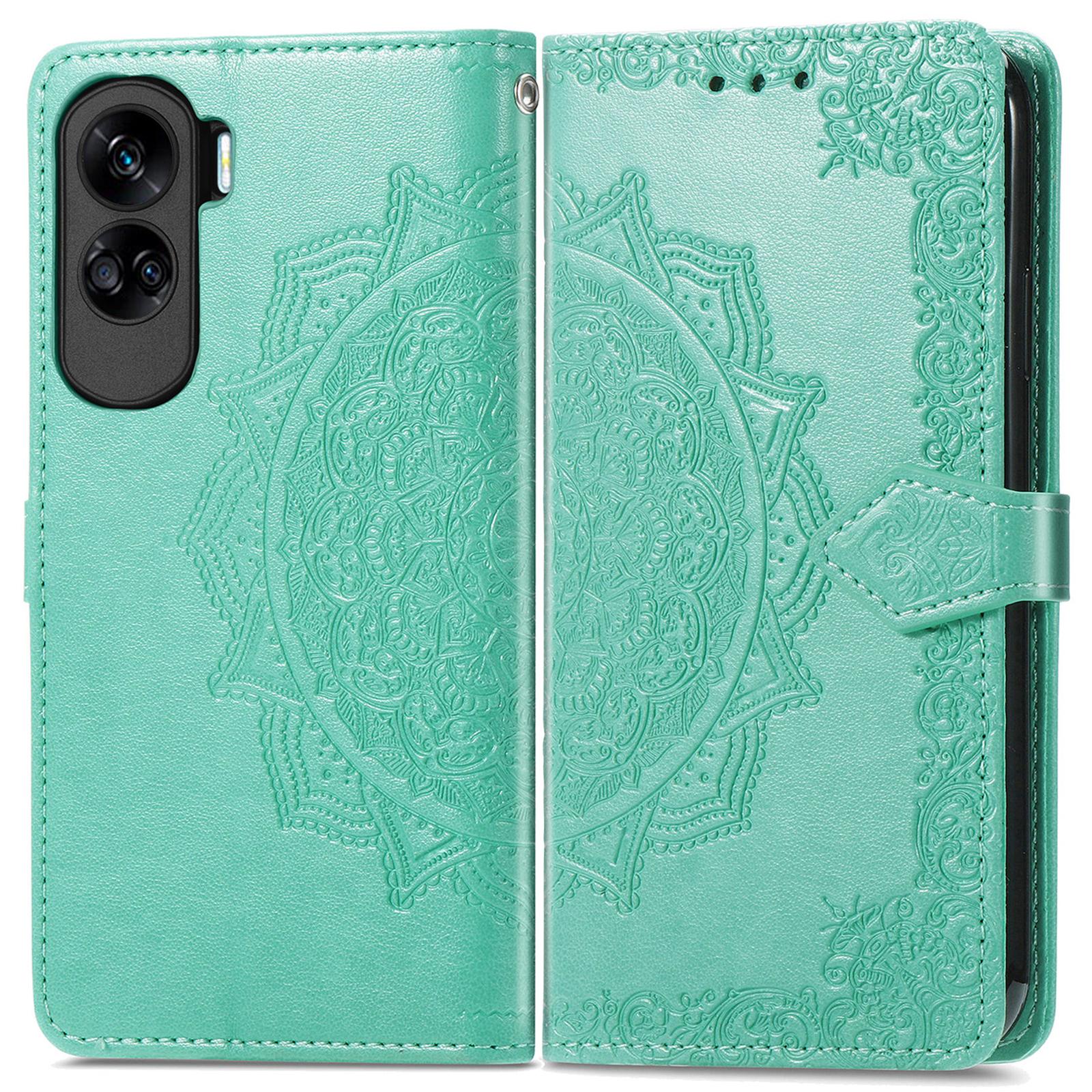 

For Honor 90 Lite 5G Case Embossed Mandala Leather Phone Cover Magnetic Flip Wallet Mint Green