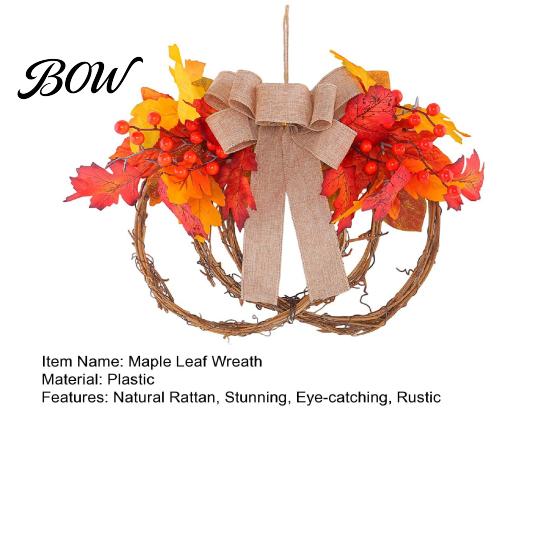 Linen Bow Wreath Fall Artificial Maple Leaf for Front Door, Thanksgiving Rattan Garland with Berries And Burlap Autumn Harvest Door Wall Hanging Decor