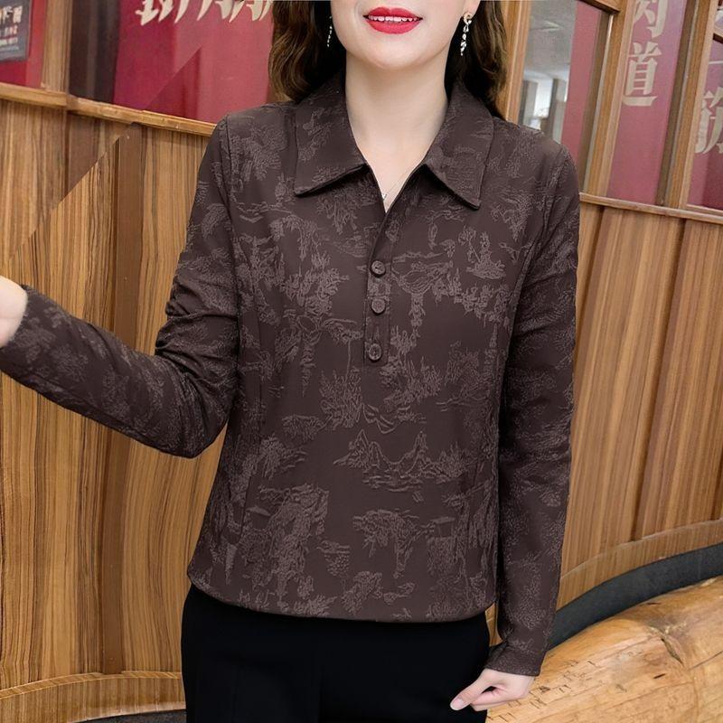 Autumn Temperament Mother Dress Women's Versatile Solid Color Lapel Long Sleeve Loose Pullover Top