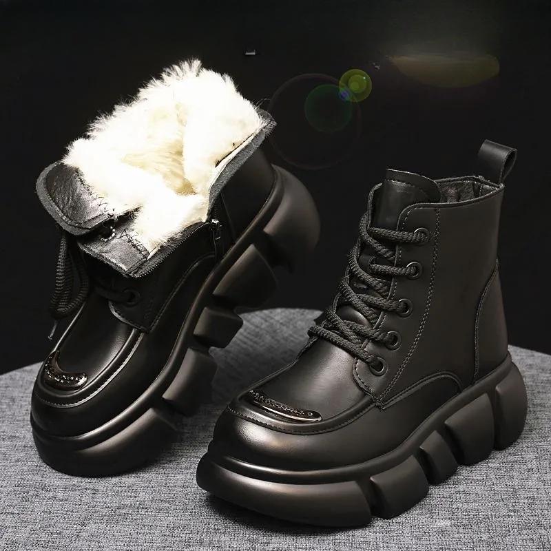 Women'S Winter New Brown Leather Plush Warm Ankle Snow Boots Platform Comfortable Anti Slip Lace Up Cold Proof Cotton Shoes
