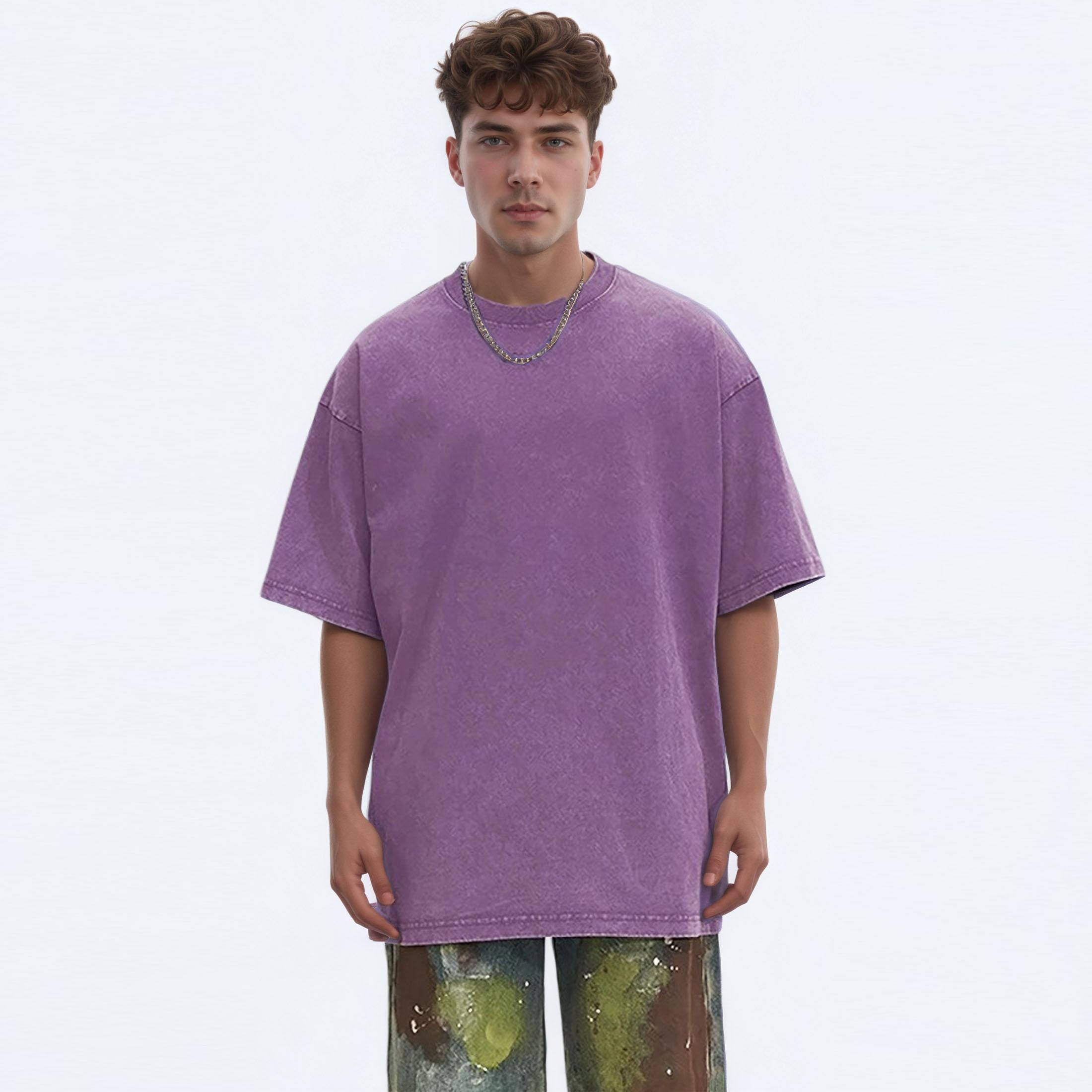

Мужские винтажные выстиранные однотонные футболки хлопок 2025 лето коричневый свободный короткий рукав круглый вырез футболки топы XXL фиолетовый