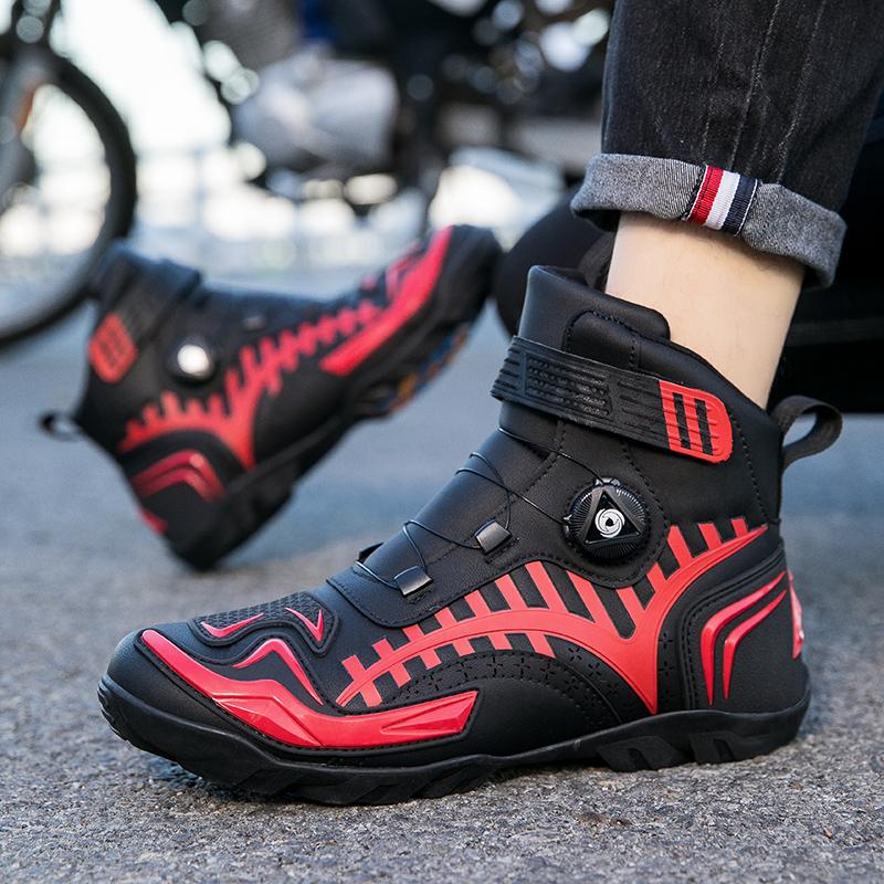 Unisex Leather Motorcycle Boots Large Size Rotation Button Anti -slip Anti -collision Competition Riding Shoes