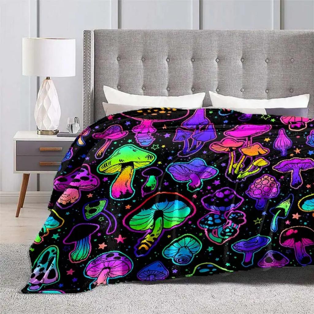 1pc Black Blanket Colorful Mushrooms Printed Flannel Blanket for Home Living Room Bedroom Decoration New Year Christmas Gift