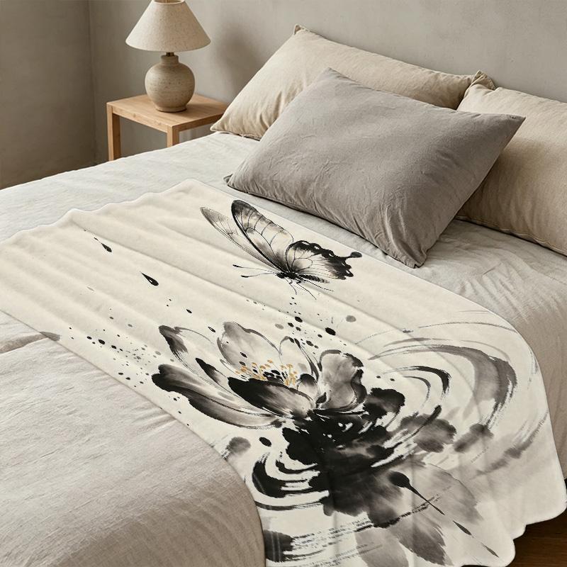 All-Season Thick Flannel Blanket, Ink-Wash Floral Chinese Style Throw, Soft Warm Home Decor for Guest Room Single Use, Christmas Halloween