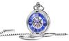 TREEWETO Mechanical Pocket Antique Blue Roman Silver Double Hunter Chain with Cover Watch, Dial, Skeleton, Numerals,