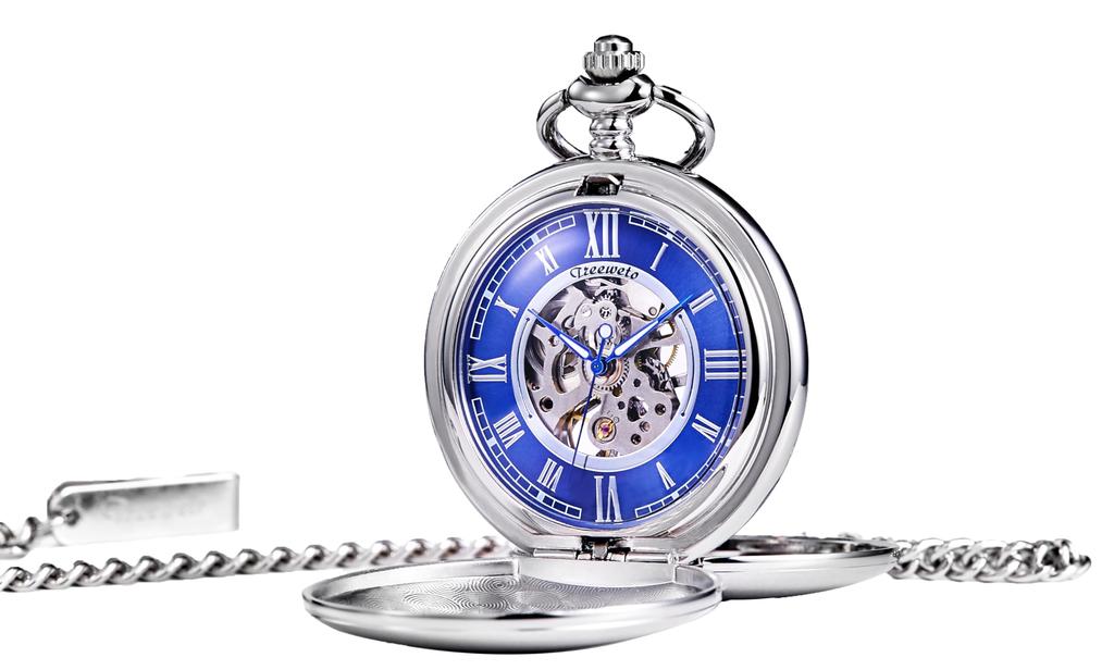 TREEWETO Mechanical Pocket Antique Blue Roman Silver Double Hunter Chain with Cover Watch, Dial, Skeleton, Numerals,