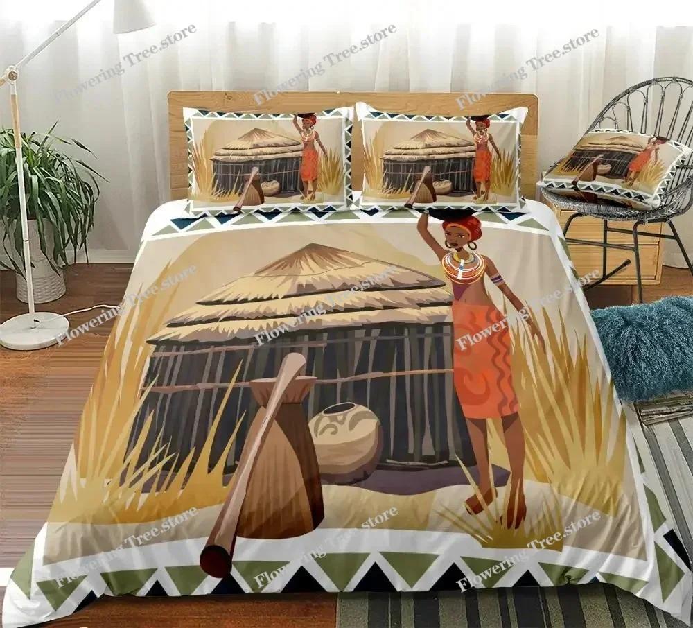 African Woman King Queen Duvet Cover Retro Exotic Tribal Black Girl Pattern Bedding Set Africa Polyester Quilt Cover Pillowcase0