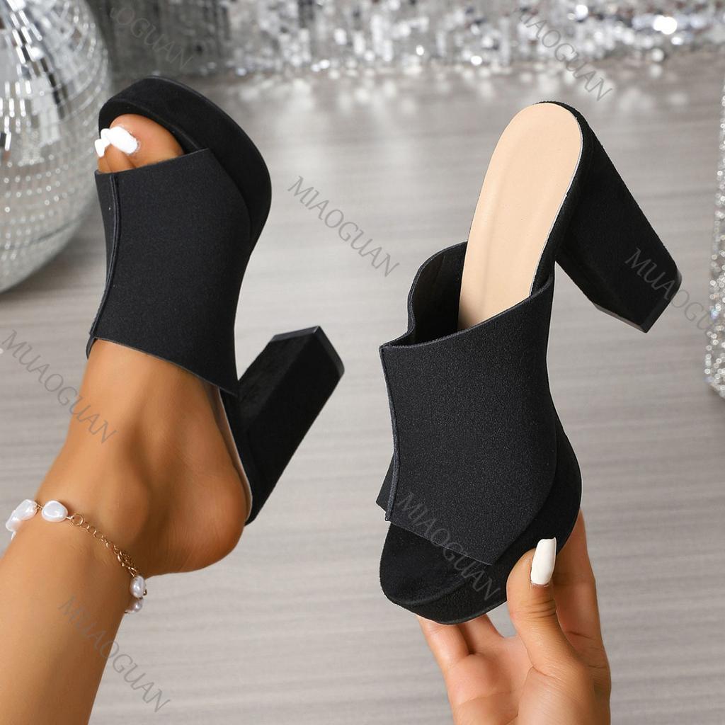 Fashion Summer New Women's Square Toe High-heeled Slippers Platform Black Fish Mouth Plus Size Party Shoes Elegant Heel Sandals Slides