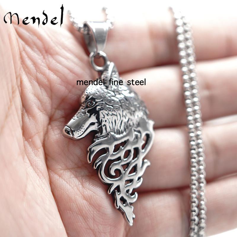Mens Stainless Steel Viking Fenrir Wolf Head Pendant Necklace Men Silver