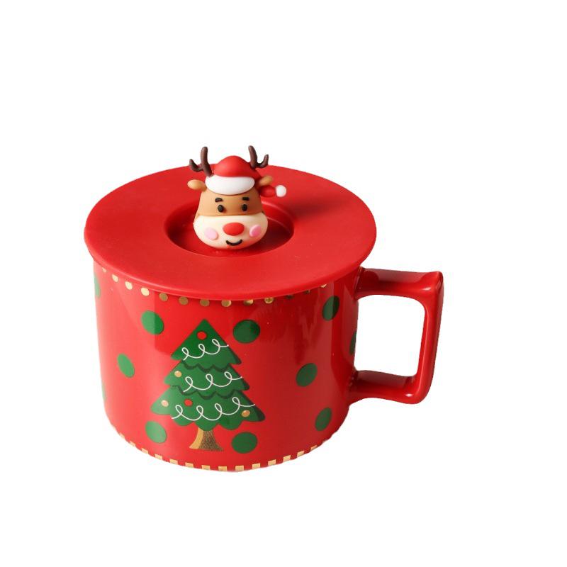 Cute Elk Christmas Ceramic Mug Set with Lid & Spoon - Perfect Holiday Gift