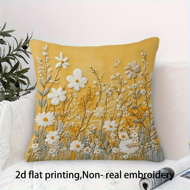 Yellow Wildflower Pillow Cover 2D Embroidered Print Boho Botanical Cushion Case For Sofa Bed Couch Cozy Cottage Home Decor