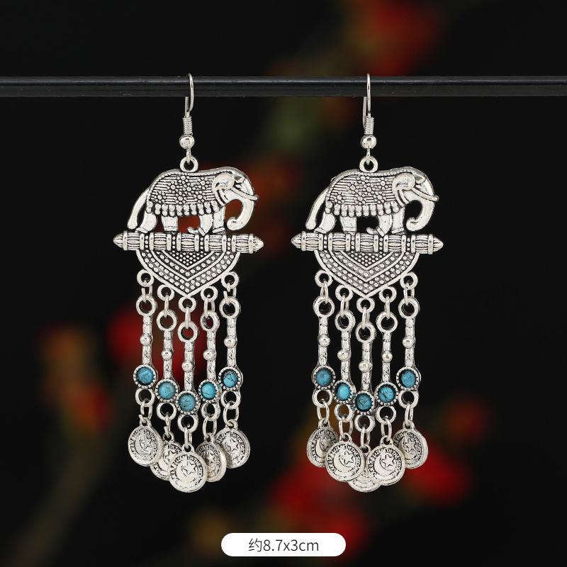 Retro Exotic Ancient Silver Coins Tassel Earrings Women's Long Personalized Earrings Niche Earrings