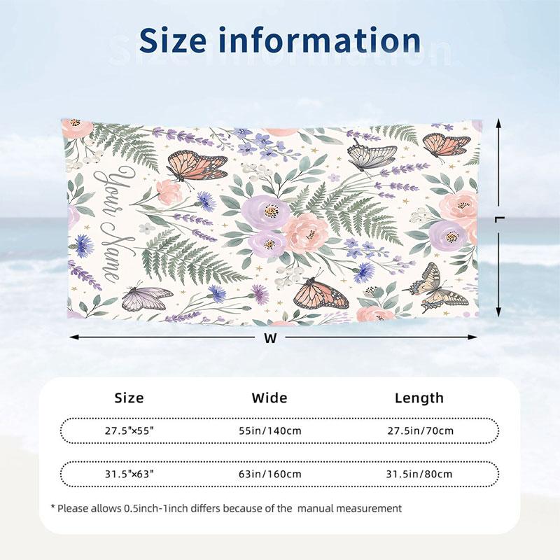 Butterflies Ferns Theme Quick Dry Beach Towel Custom Name Text Print Large Sand Resistant Towel Beach Vacation