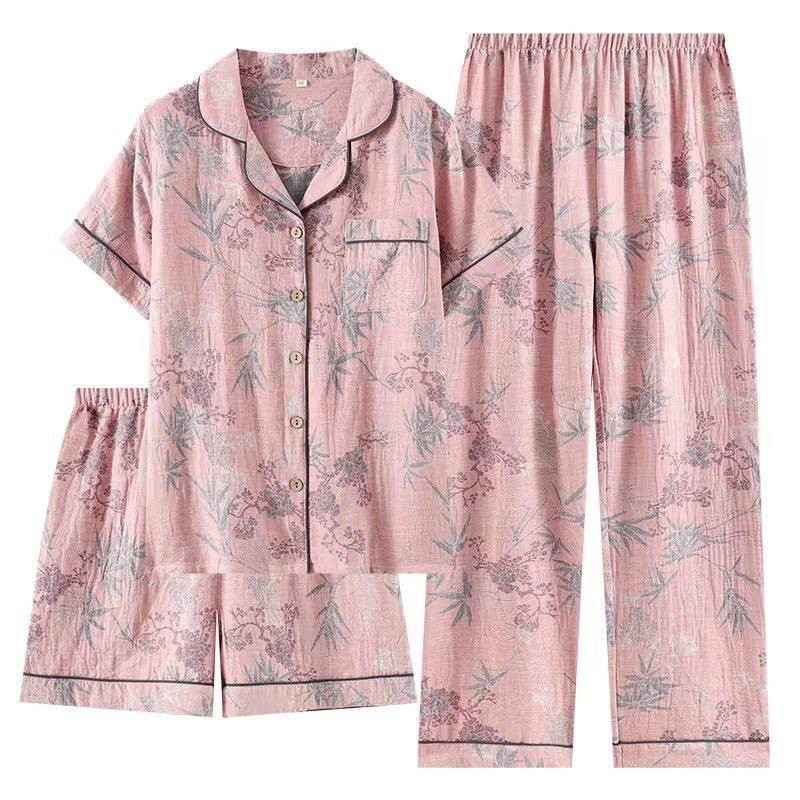 Pajamas women's retro long-sleeved trousers pure cotton double-layer cotton yarn-dyed spring and autumn simple skin-friendly casual loose loungewear